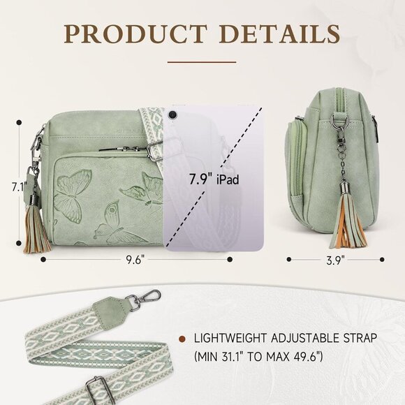 Vegan Leather Crossbody Bag Women Lightweight Tassel Butterfly Design - Picture 3 of 6